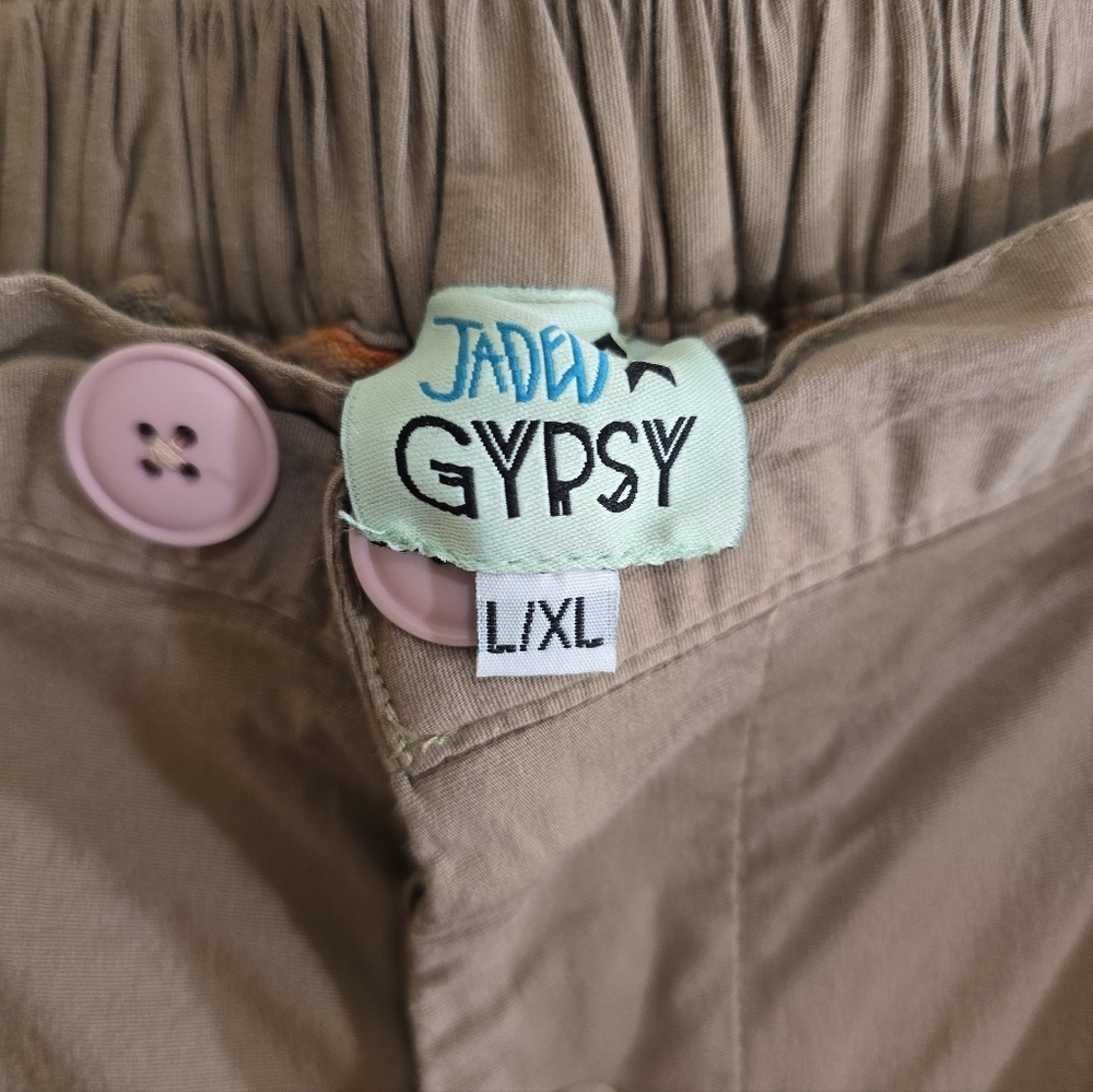 Jaded Gypsy Traveling On Pants Khaki with Plaid Patches L/XL Button Fly - Picture 7 of 7